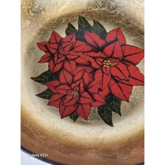 Christmas Holiday Glass Gold Bowl With Poinsettia Design - 10 Inch Diameter x 3 - Picture 9 of 12